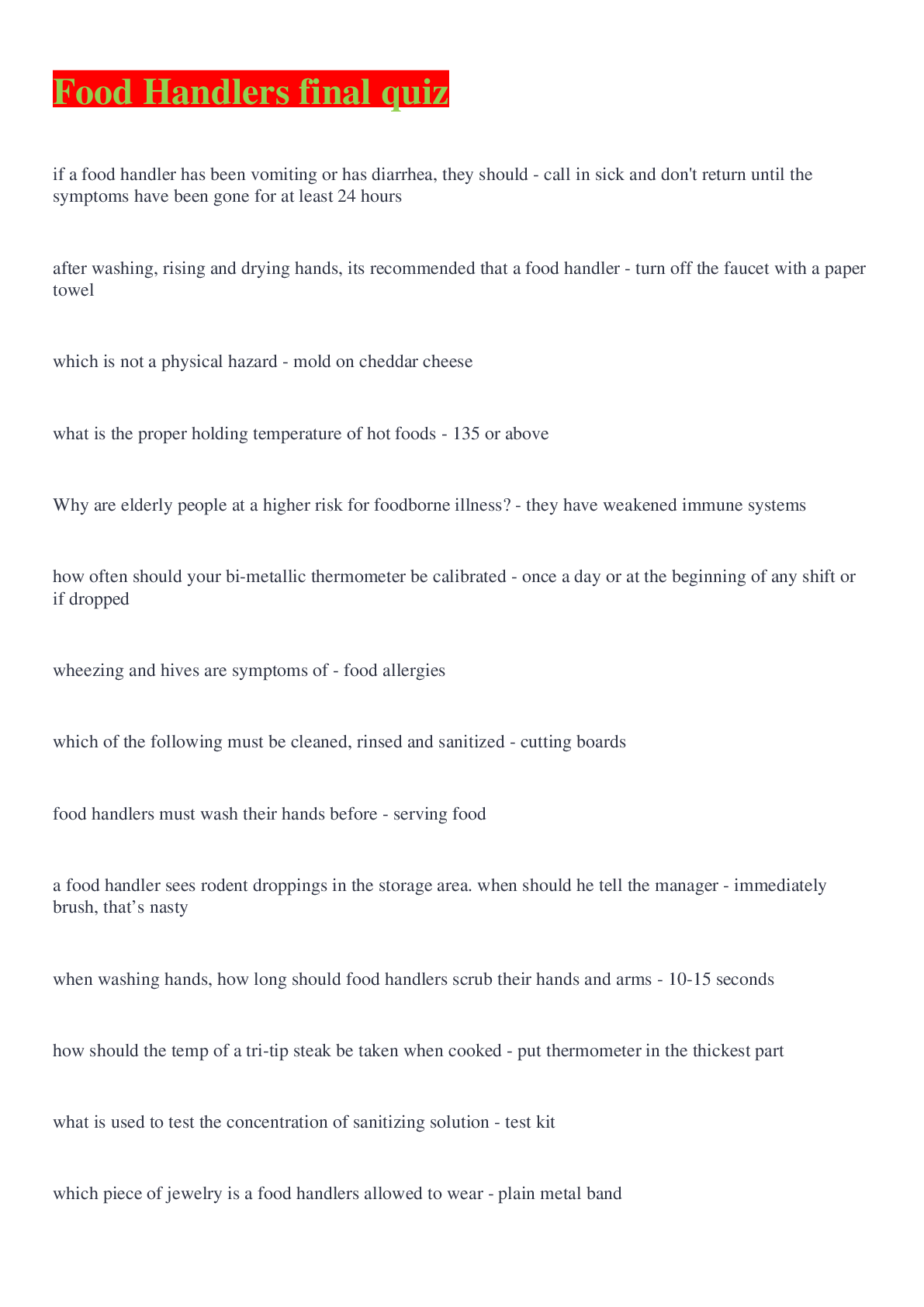 Preview image for Food Handlers final quiz